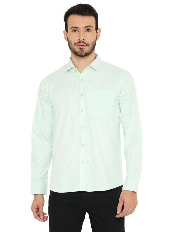 Green slim fit small checks shirt for men with long sleeves and front pocket, ideal for casual and semi-formal wear.