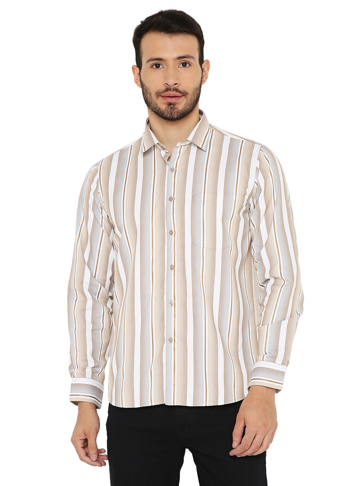 Slim Fit Brown Shirt - Maharaja Collection featuring vertical brown and grey stripes, long sleeves, and front pocket for stylish comfort.