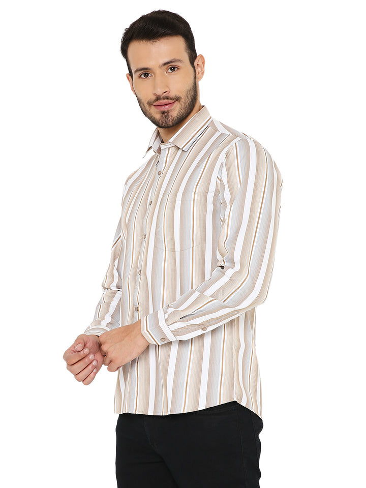 Side view of Slim Fit Brown Shirt - Maharaja Collection with vertical stripes and tailored fit, ideal for modern casual and formal wear.