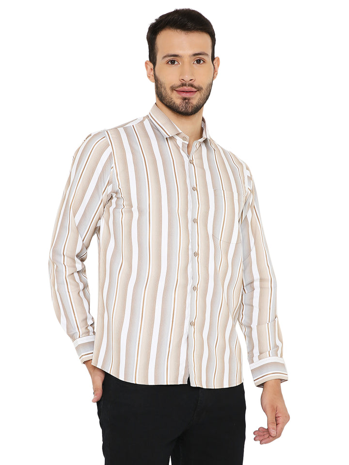 Front angled view of Slim Fit Brown Shirt - Maharaja Collection, showcasing its striped design and comfortable slim fit for versatile styling.