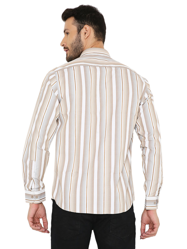 Back view of Slim Fit Brown Shirt - Maharaja Collection with consistent vertical stripe pattern and structured fit for a polished look.