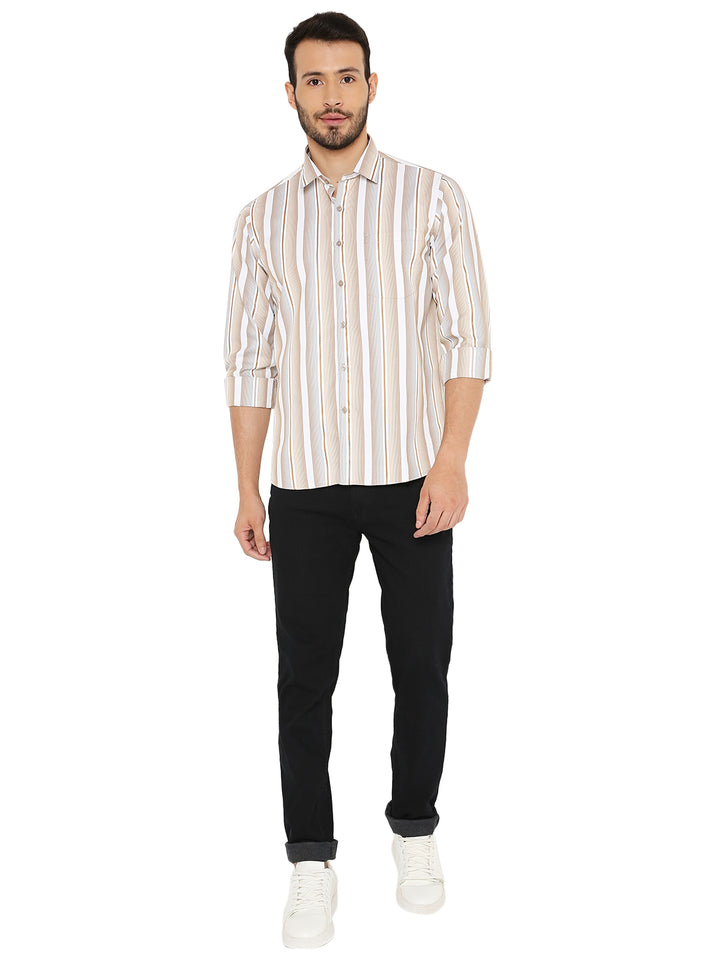 Full body view of model wearing Slim Fit Brown Shirt - Maharaja Collection paired with black pants, perfect for smart casual occasions.