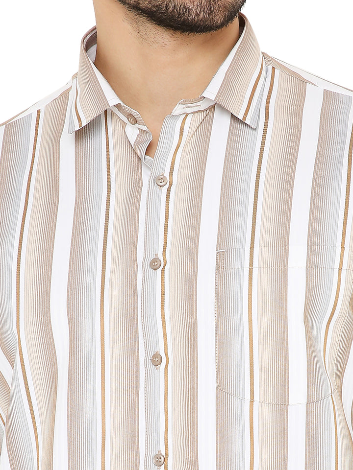 Close-up of collar and chest pocket on Slim Fit Brown Shirt - Maharaja Collection, highlighting fine stitching and premium striped fabric.