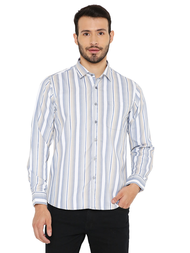 Slim Fit Striped Shirt - Maharaja's Craft in blue and grey vertical stripes, long sleeves, ideal for casual or office wear.