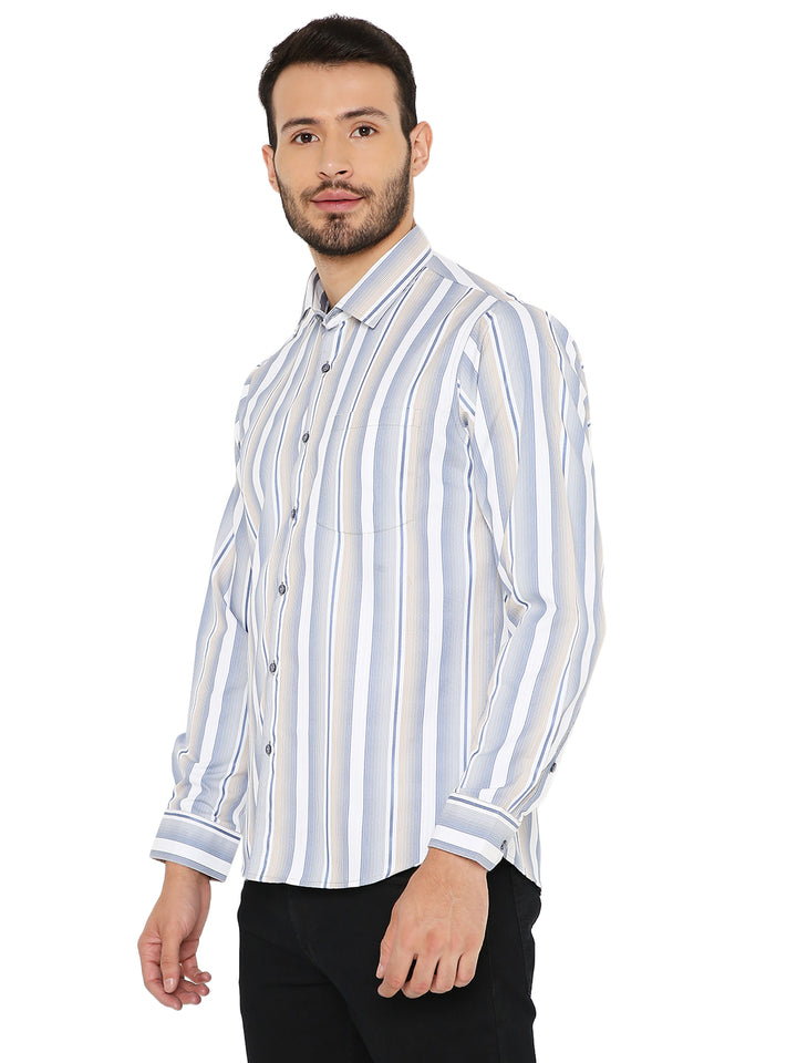 Side view of Maharaja's Craft Slim Fit Striped Shirt showing tailored fit and vertical blue-grey stripes for a sleek look.