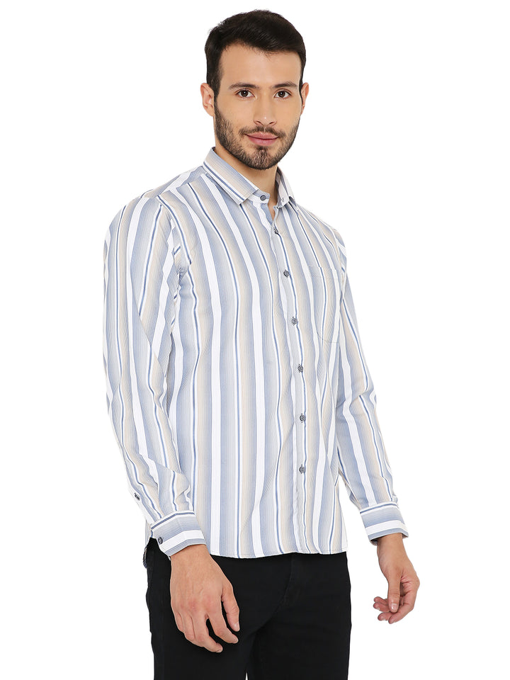 Angled front view of Slim Fit Striped Shirt by Maharaja's Craft, featuring button-down design and soft cotton fabric.