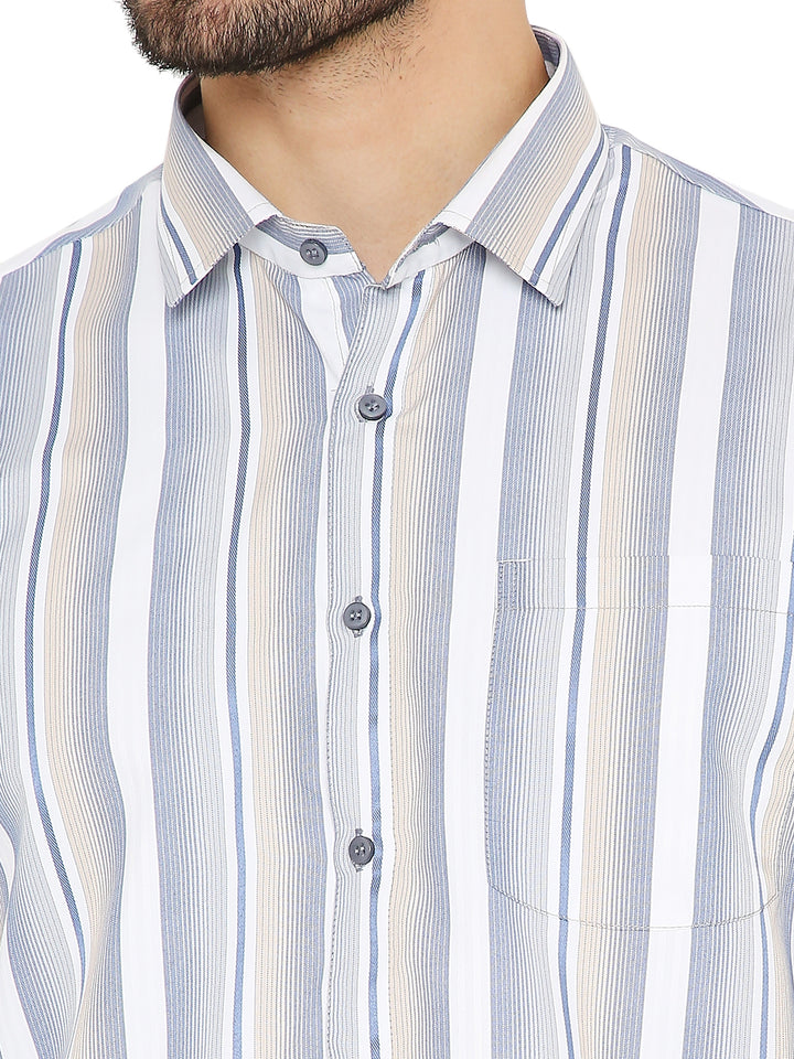 Close-up of collar and chest pocket on Maharaja's Craft Slim Fit Striped Shirt, showcasing fine stitching and soft fabric texture.