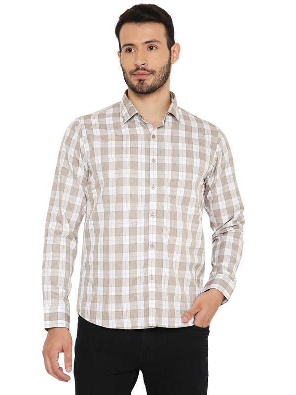 Slim Fit Brown Checks Shirt with long sleeves and button-down front, tailored for a modern look in the Shirts category.