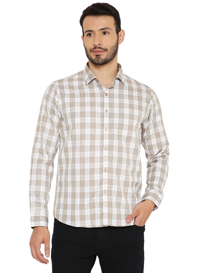 Slim Fit Brown Checks Shirt with long sleeves and button-down front, tailored for a modern look in the Shirts category.