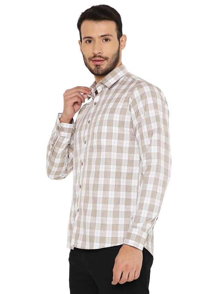 Side view of Slim Fit Brown Checks Shirt showcasing its sharp collar and comfortable fit, ideal for casual and semi-formal wear.
