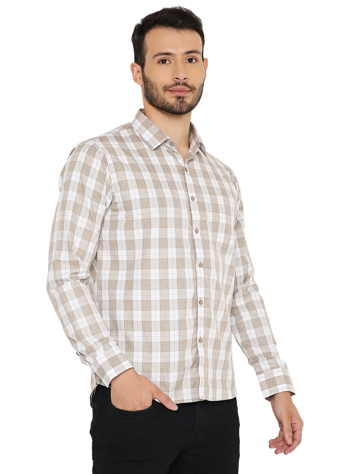 Slim Fit Brown Checks Shirt featuring a classic checkered pattern and front pocket, designed for style and comfort.