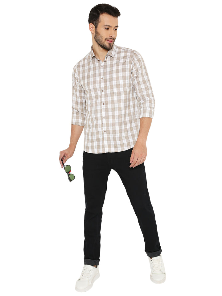 Full body view of Slim Fit Brown Checks Shirt paired with black pants and white sneakers, perfect for a smart-casual outfit.