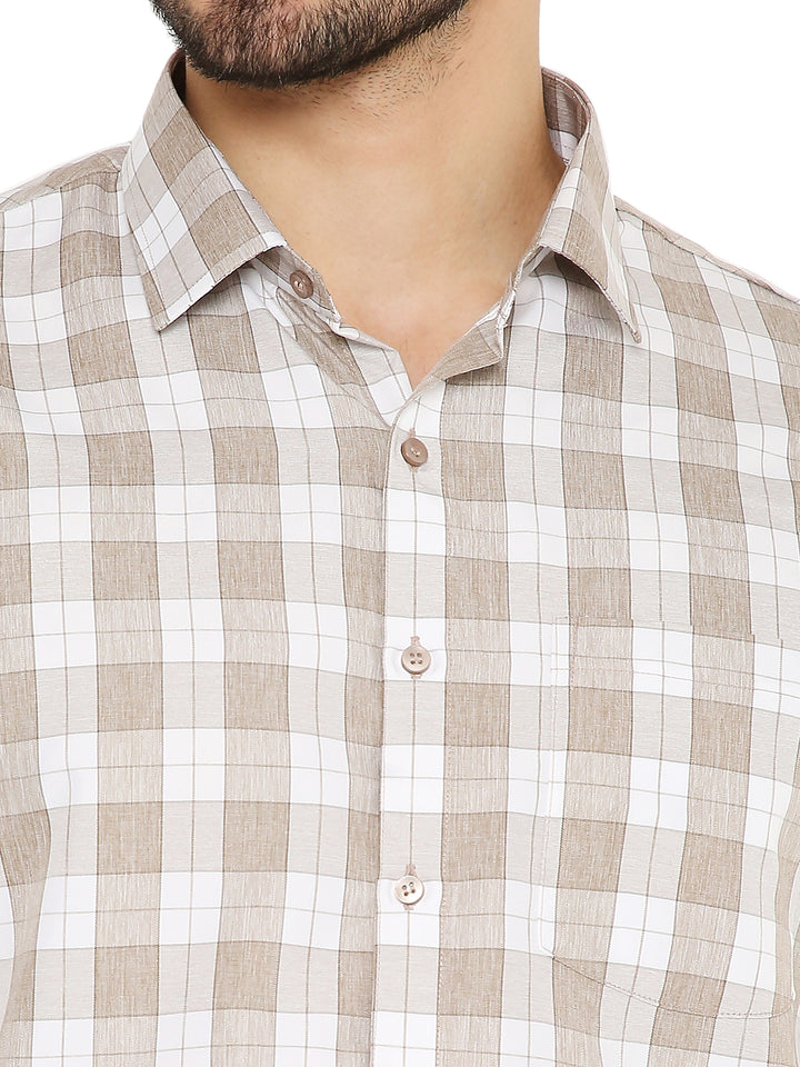Close-up of Slim Fit Brown Checks Shirt collar and buttons, emphasizing meticulous craftsmanship and premium fabric texture.