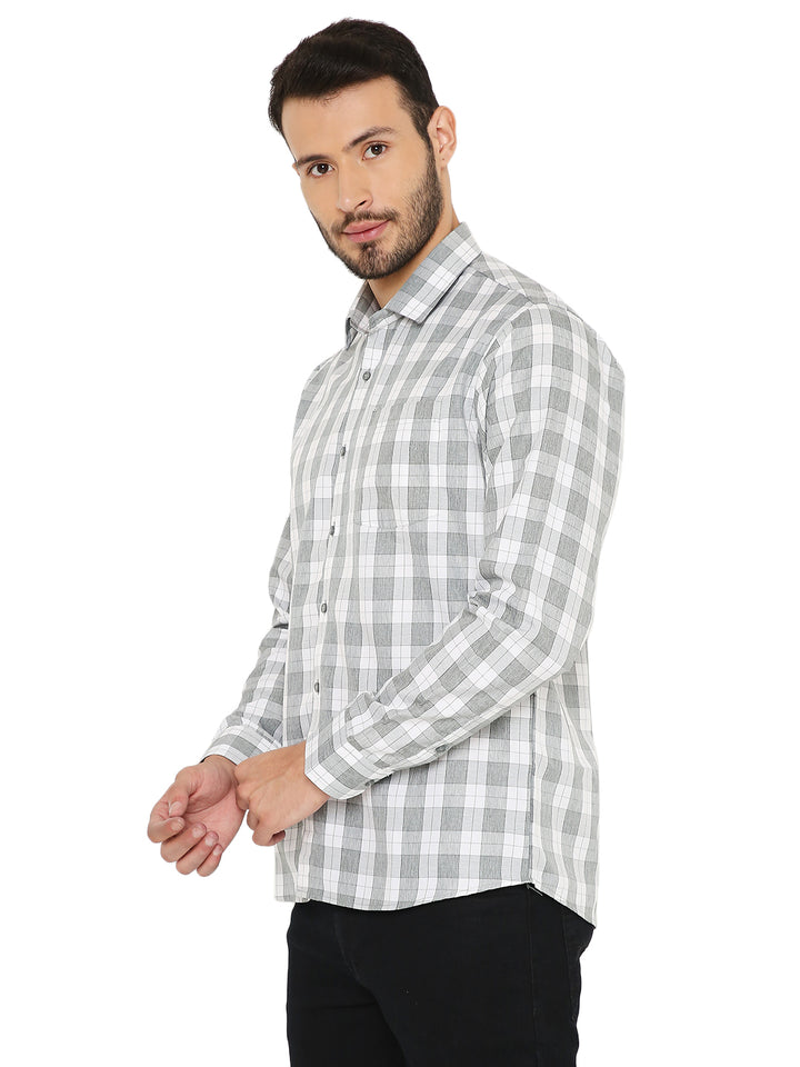 Side view of Slim Fit Green Checks Shirt with large check pattern, offering breathable fabric and a sleek silhouette for casual wear.