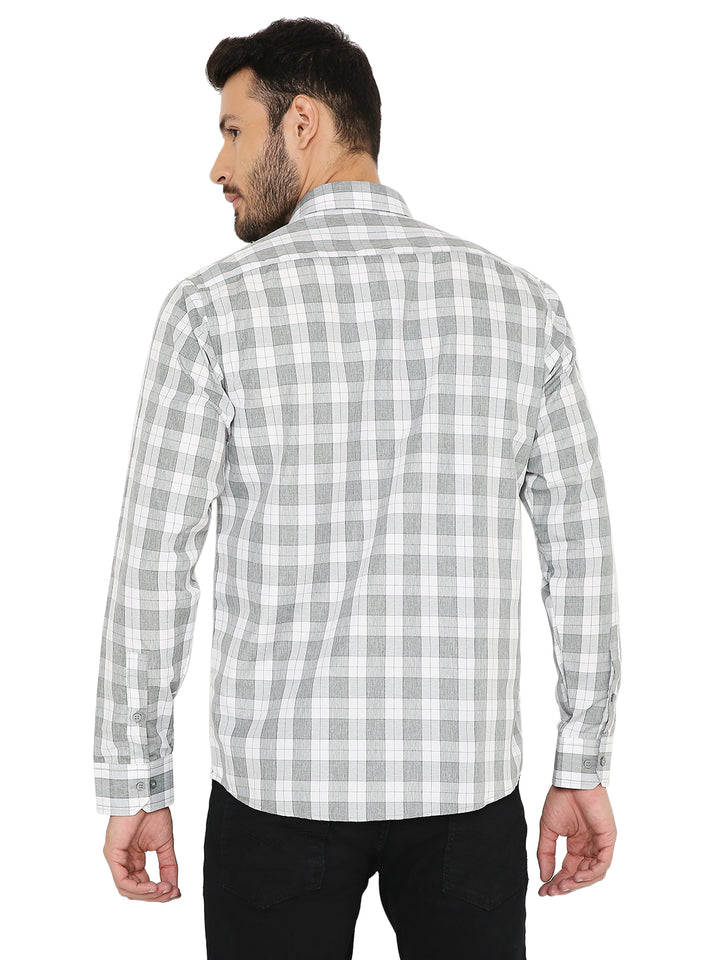 Back view of Slim Fit Checks Shirt Green, showcasing the full checkered pattern and precise tailoring for a clean, modern look.