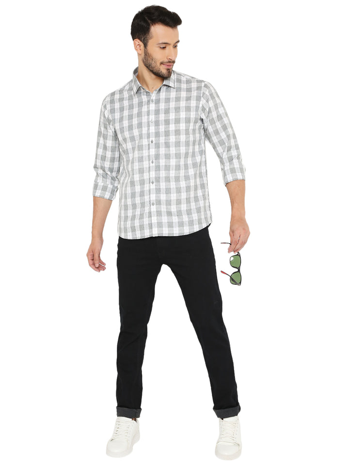 Full outfit featuring Slim Fit Green Checks Shirt paired with black jeans and white sneakers, perfect for casual fashion styling.