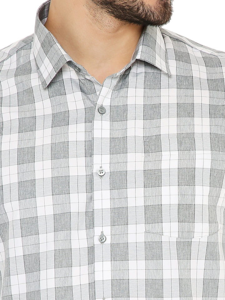 Close-up of Slim Fit Checks Shirt Green collar and buttons, highlighting the fine stitching and premium checkered fabric.