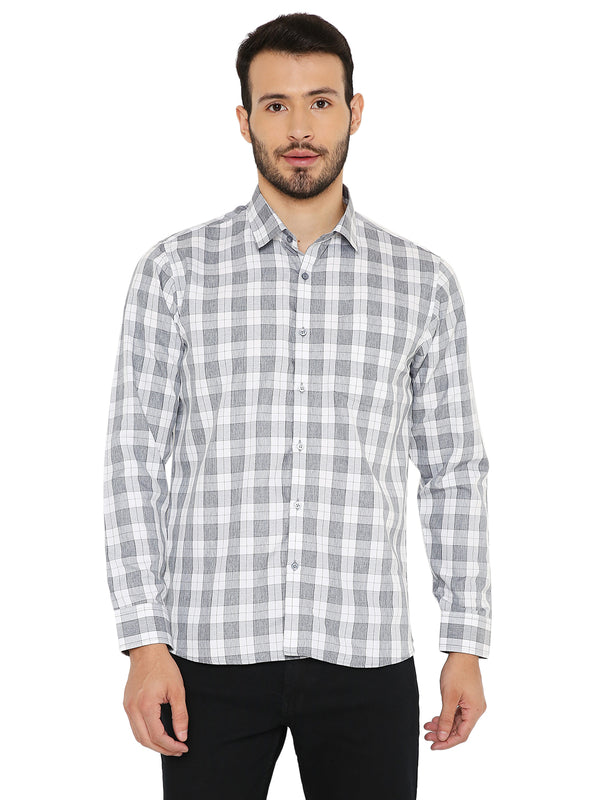 Grey slim fit checked shirt with big checks, long sleeves, and button-down front, ideal for casual and semi-formal wear.