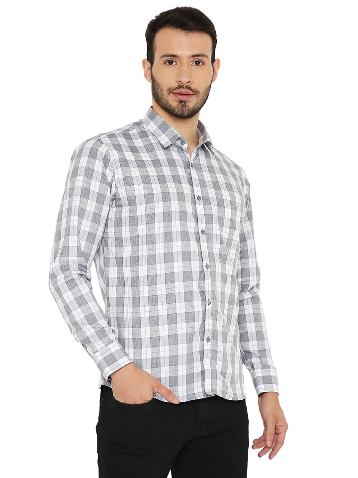 Front angled view of grey slim fit checked shirt with large grey and white checks, perfect for modern casual outfits.
