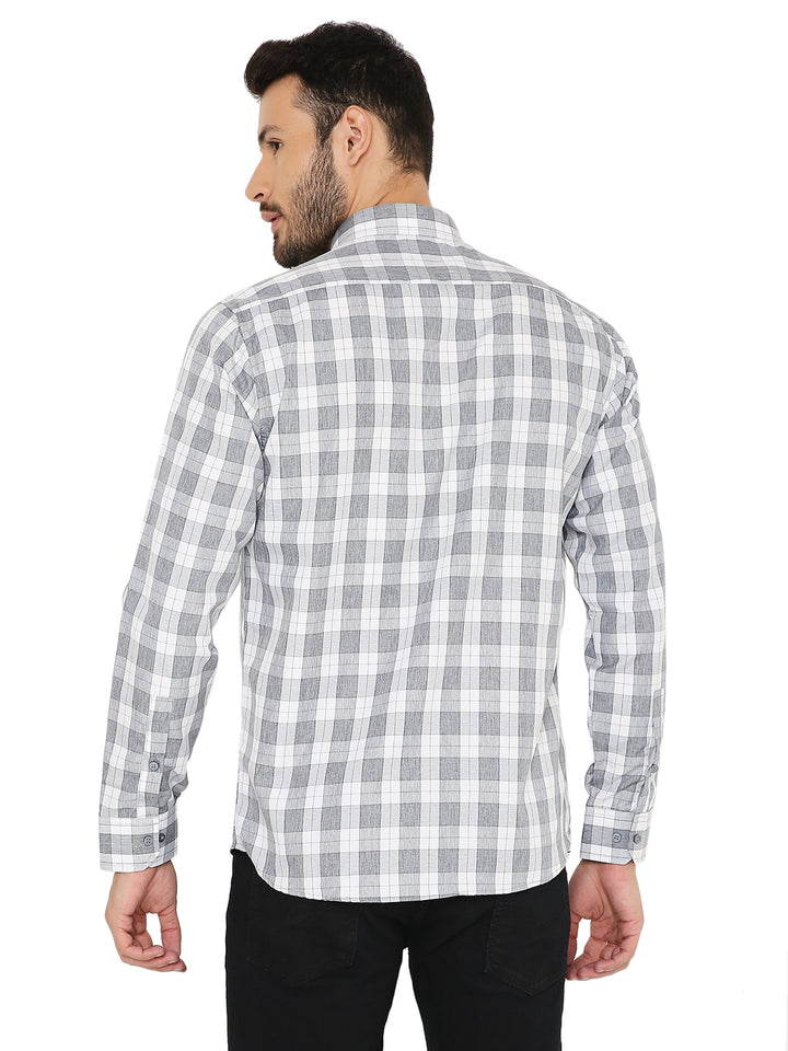 Back view of grey slim fit big checks shirt highlighting clean tailoring and comfortable fit for versatile styling.