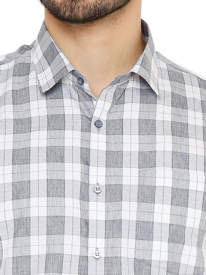 Close-up of grey slim fit checked shirt showing detailed big check pattern, button placket, and fine stitching.