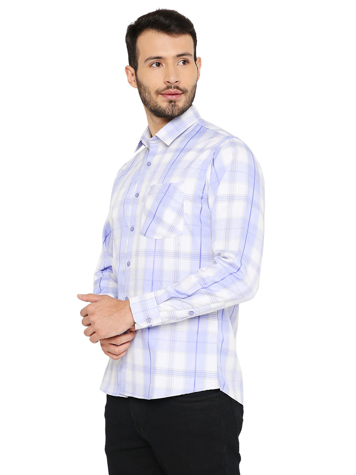 Blue Slim Fit Checkered Shirt in side pose, showcasing tailored fit and soft texture ideal for casual and semi-formal occasions.