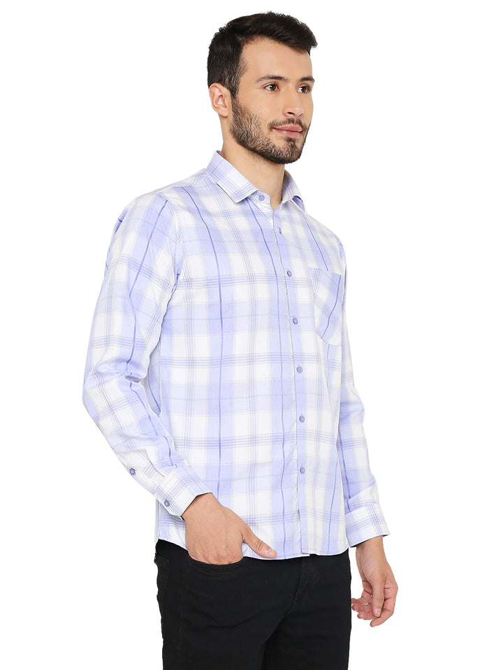 Men's Slim Fit Checkered Shirt in Blue with long sleeves, highlighting comfort-focused design and premium Indian craftsmanship.