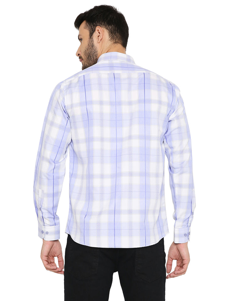Back view of Blue Slim Fit Checkered Shirt, showing clean stitching and structured fit for a modern, polished look.