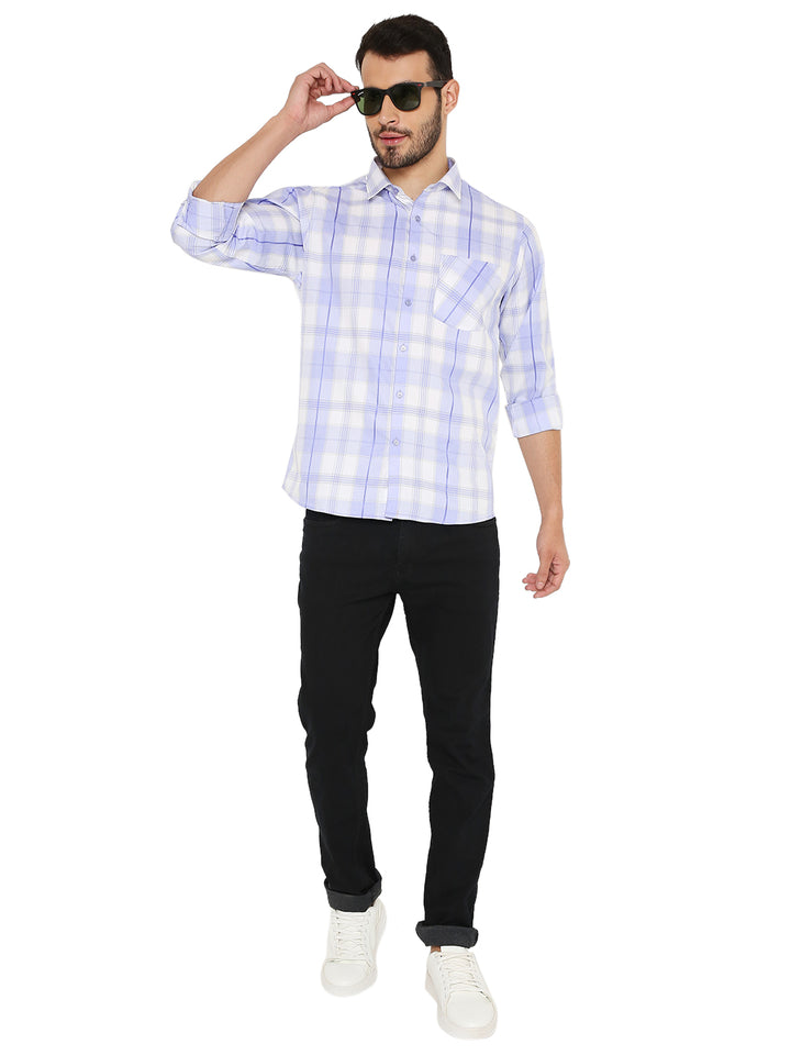 Full body view of model wearing Blue Slim Fit Checkered Shirt with black pants, styled for a trendy casual outfit.