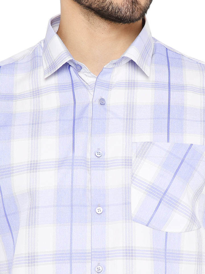 Close-up of Blue Slim Fit Checkered Shirt fabric and buttons, emphasizing quality material and detailed check pattern.