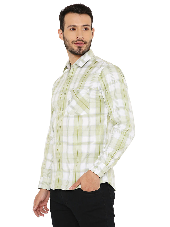 Green Checkered Slim Fit Shirt featuring breathable fabric and a tailored fit, ideal for casual and semi-formal occasions.