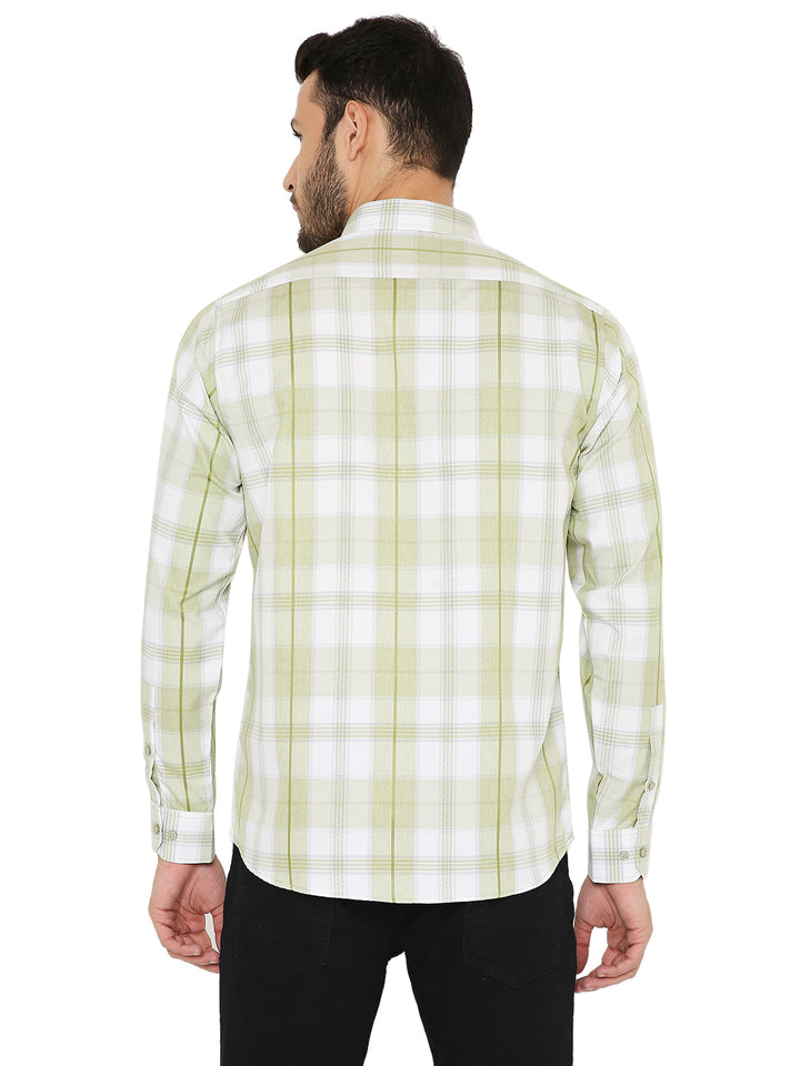 Back view of Slim Fit Green Checkered Shirt showing clean check pattern and structured fit for a polished look.