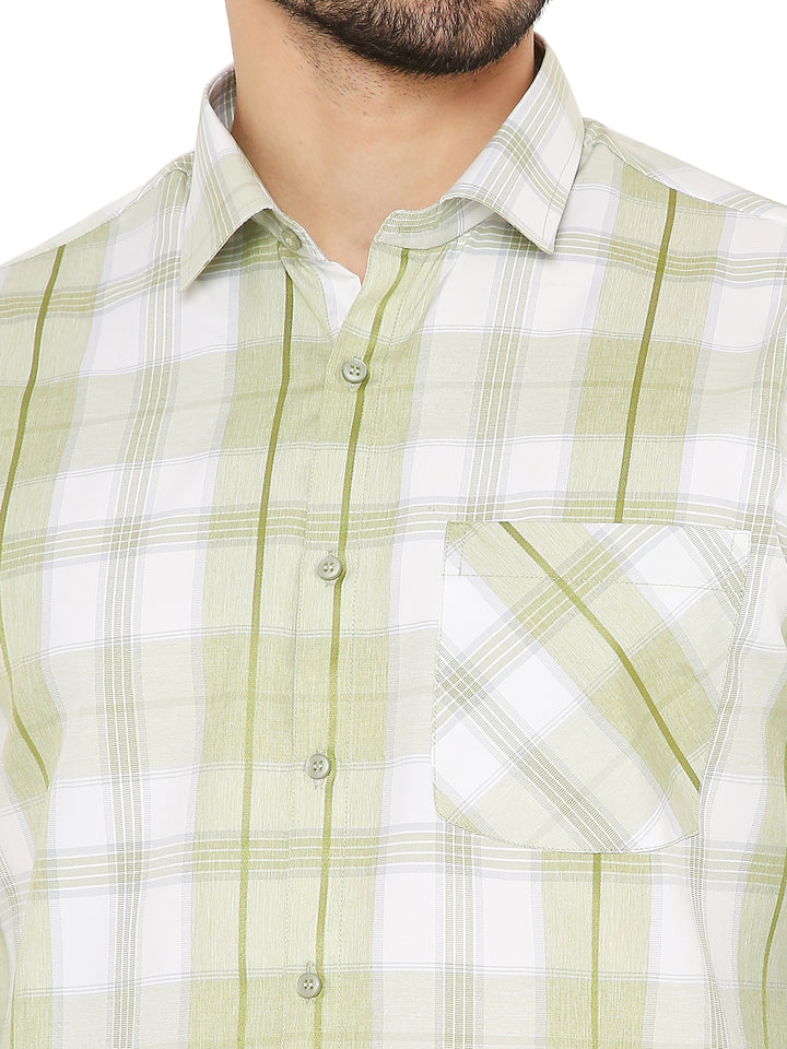 Close-up of Green Checkered Slim Fit Shirt highlighting the soft fabric, check pattern, and chest pocket detail.