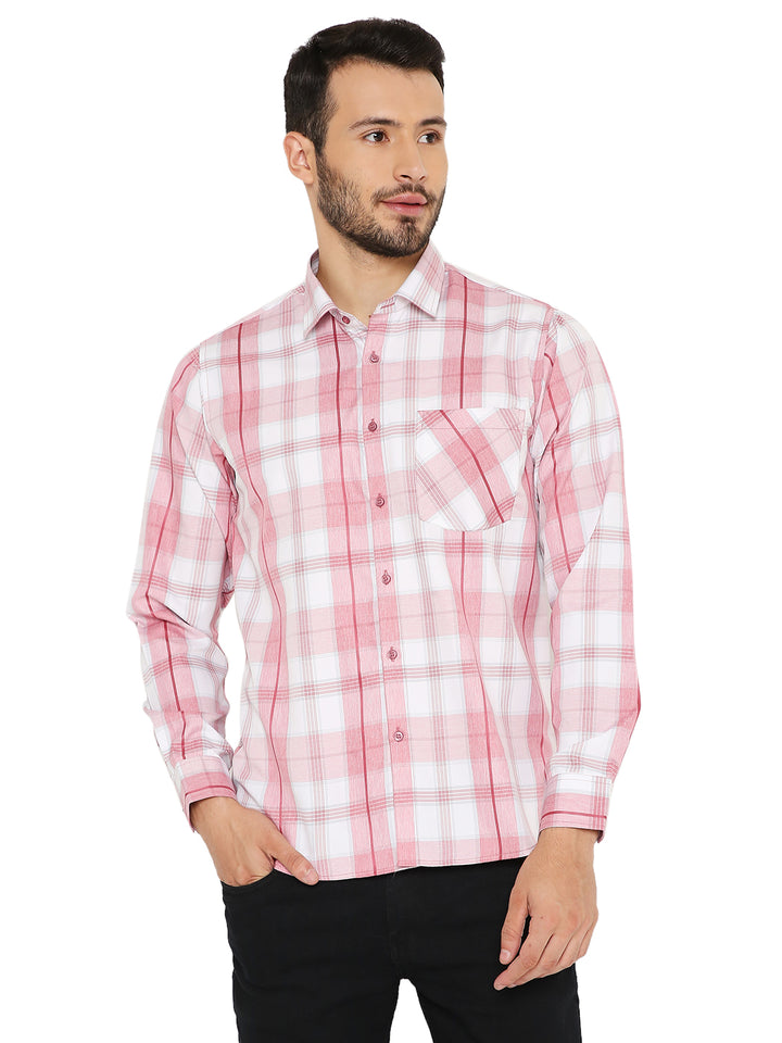 Red Slim Fit Checkered Shirt - Maharaja with front view showcasing button-down design and chest pocket, ideal for casual and semi-formal wear.