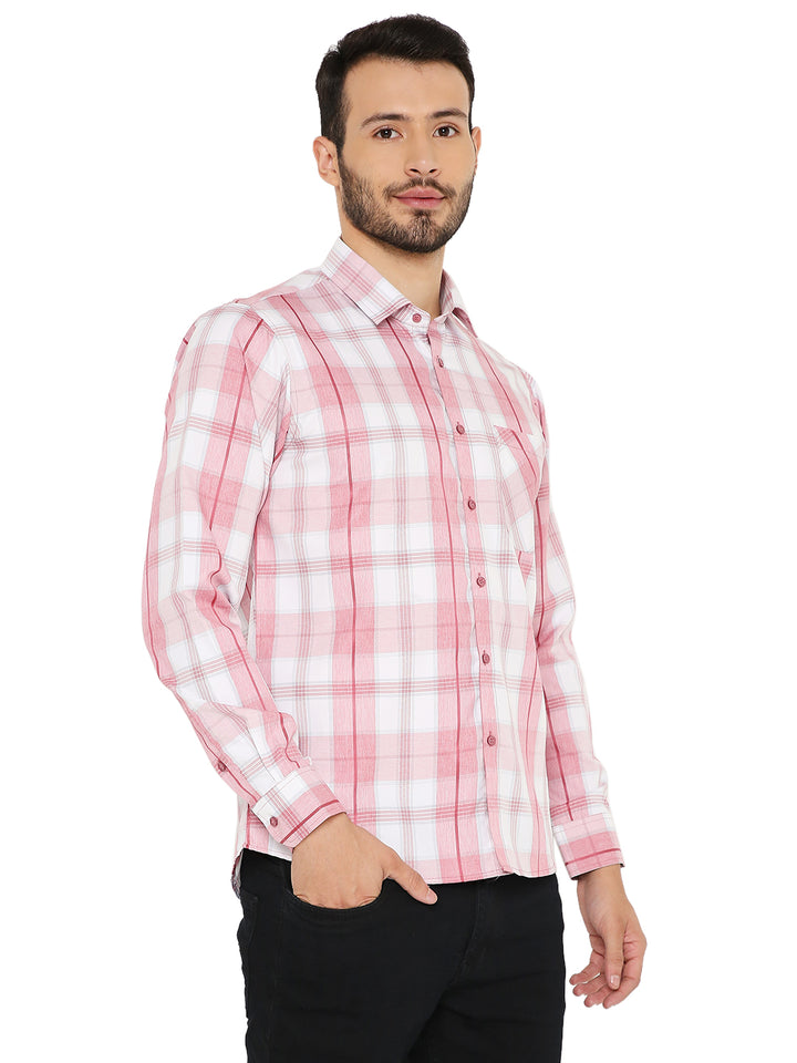 Angled front view of Red Slim Fit Checkered Shirt - Maharaja emphasizing its modern slim fit and stylish checkered pattern for versatile styling.