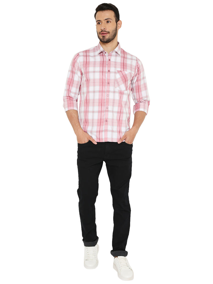 Full body view of Red Slim Fit Checkered Shirt - Maharaja paired with black pants, ideal for smart-casual outfits and everyday wear.