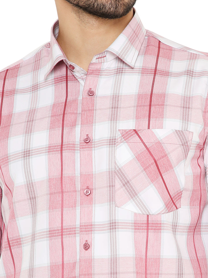 Close-up of Red Slim Fit Checkered Shirt - Maharaja featuring detailed check pattern and chest pocket design, crafted for style and comfort.