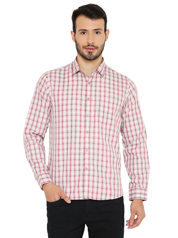 Slim Fit Checkered Shirt in Red with long sleeves and button-down front, offering breathable comfort and easy care for everyday wear.