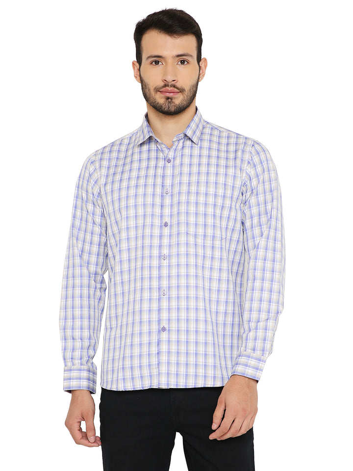 Slim Fit Checkered Shirt - Blue with long sleeves and button-down front, ideal for breathable comfort and easy care in formal or casual wear.