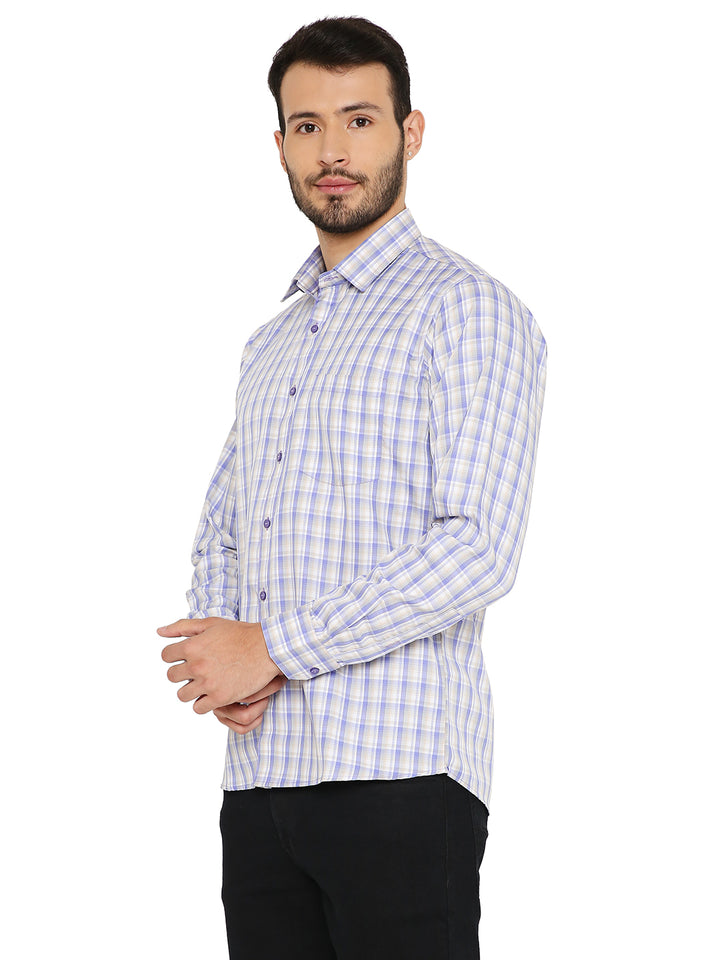 Side view of Blue Slim Fit Checkered Shirt showcasing tailored fit and crisp collar, perfect for stylish everyday or office attire.