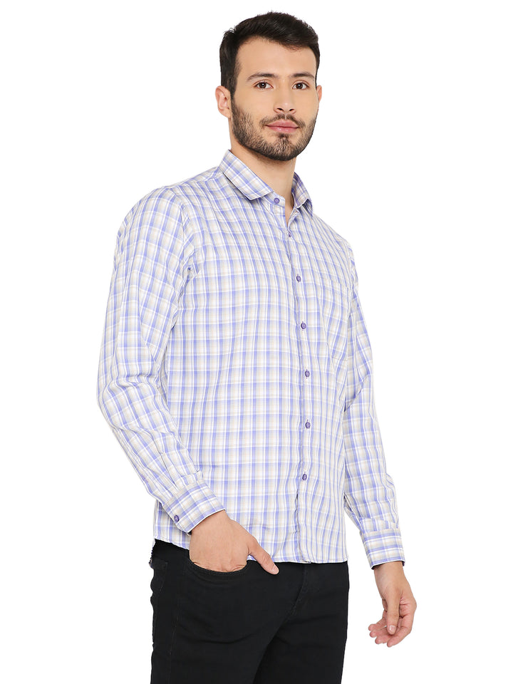 Blue Slim Fit Checkered Shirt with front pocket and breathable fabric, designed for comfort and modern style in men's clothing.