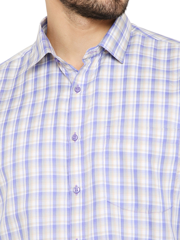 Close-up of Blue Slim Fit Checkered Shirt fabric and buttons, emphasizing breathable texture and easy-care material quality.
