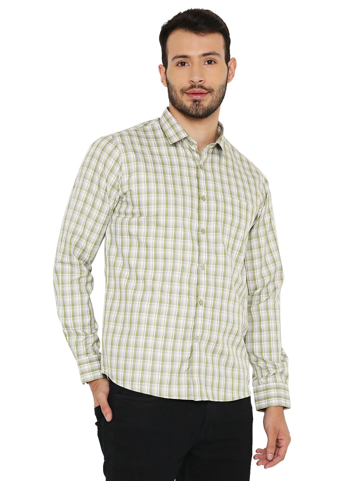 Front view of green Slim Fit Checkered Shirt highlighting its no-shrinkage design and comfortable slim silhouette.