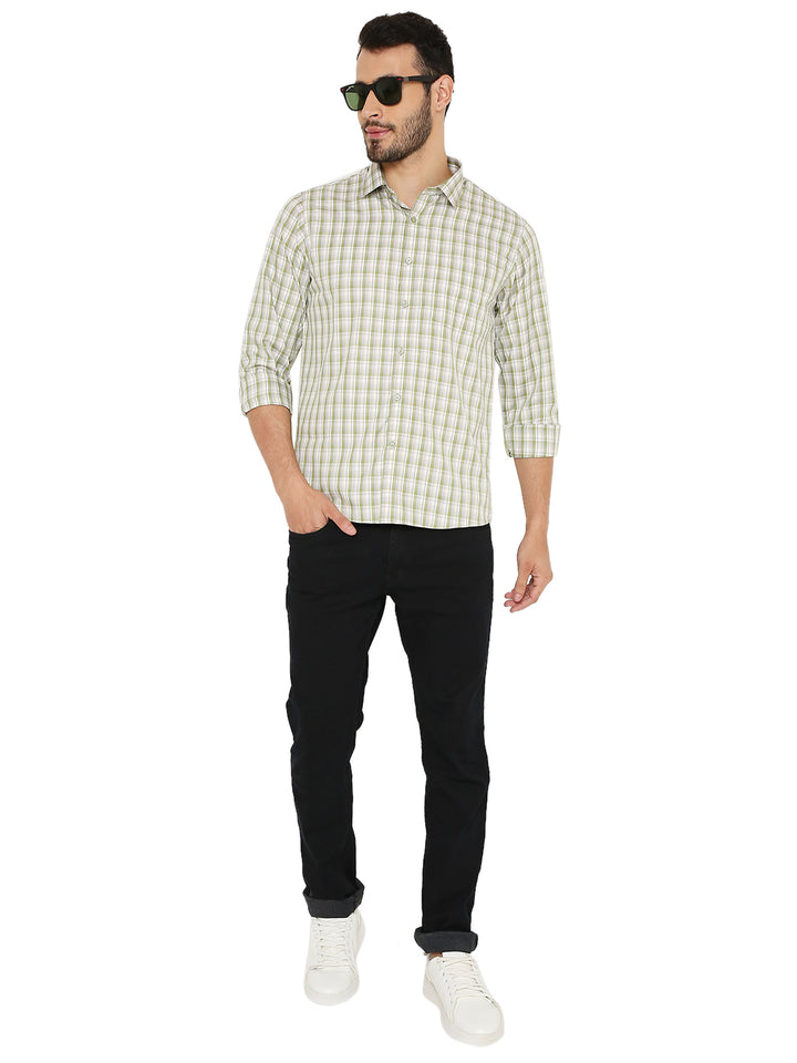Full outfit featuring green Slim Fit Checkered Shirt paired with black jeans and white sneakers for a trendy casual style.