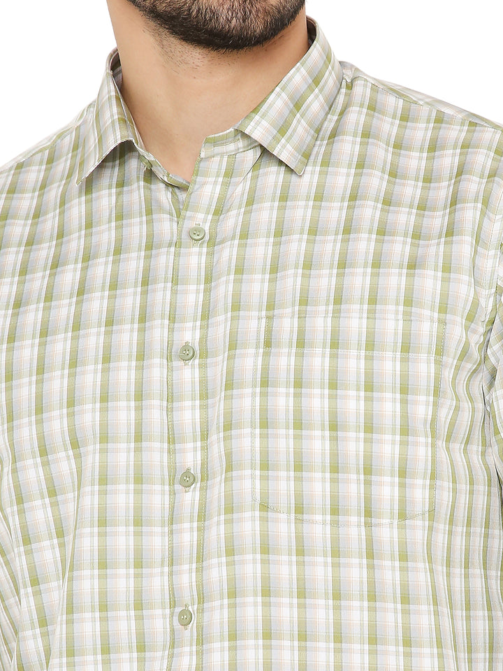 Close-up of green Slim Fit Checkered Shirt showing fine check pattern, button details, and soft breathable fabric texture.