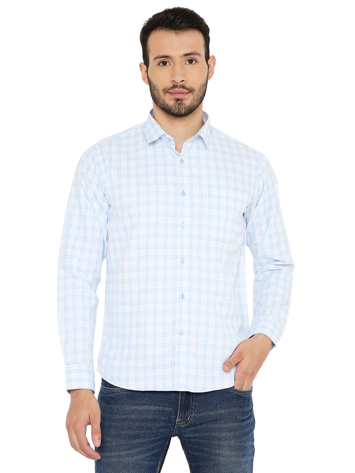 Slim Fit Shirt - Light Blue with small checks, long sleeves, and button-down front, ideal for casual and office wear in breathable fabric.
