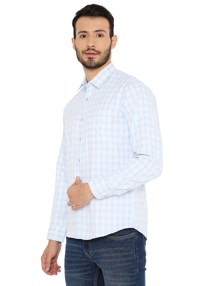 Side view of Slim Fit Light Blue Shirt featuring small checkered pattern and tailored fit, perfect for stylish everyday wear.