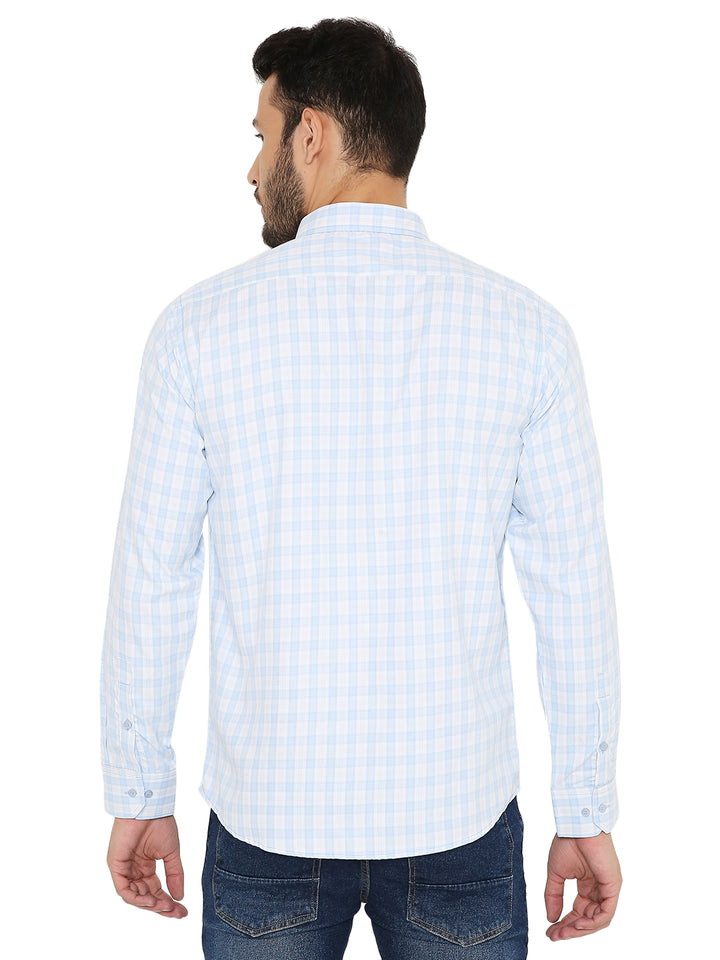 Back view of Slim Fit Light Blue Shirt with small checks, showcasing its clean tailoring and breathable cotton blend.