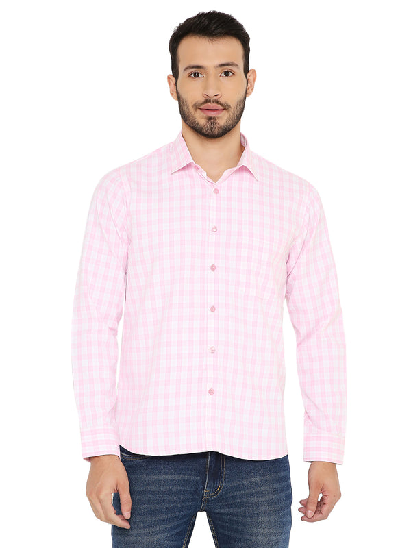 Light Pink Slim Fit Shirt with small checks, long sleeves, and button-up front, ideal for casual or office wear.