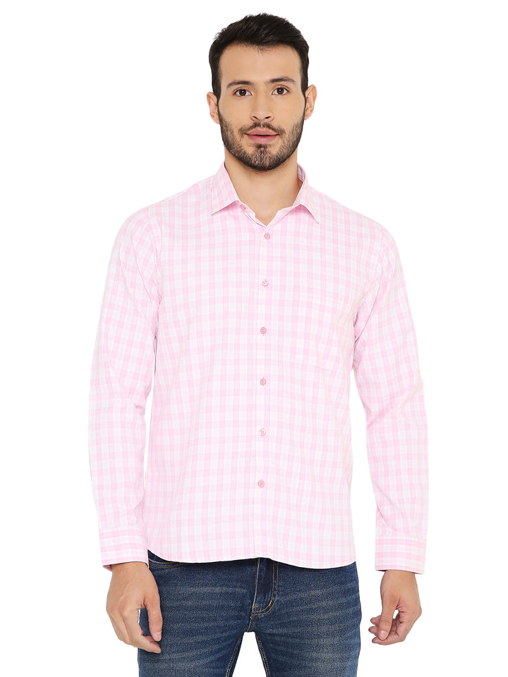 Light Pink Slim Fit Shirt with small checks, long sleeves, and button-up front, ideal for casual or office wear.